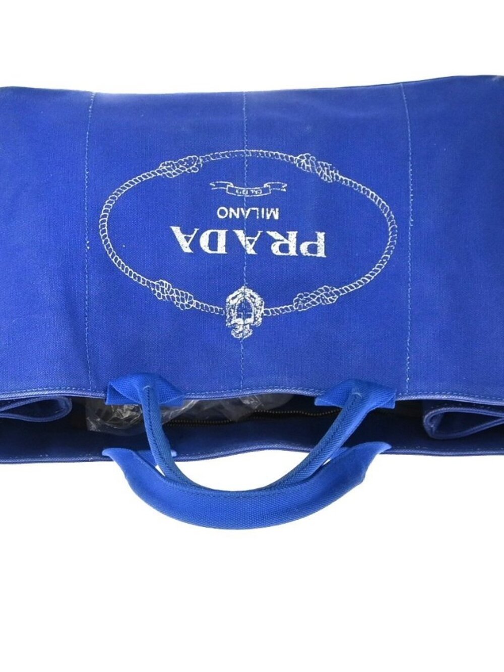 PRADA Logo CANAPA Shoulder Hand Tote Bag Canvas Leather Blue GHW 36KC773 - Picture 6 of 16